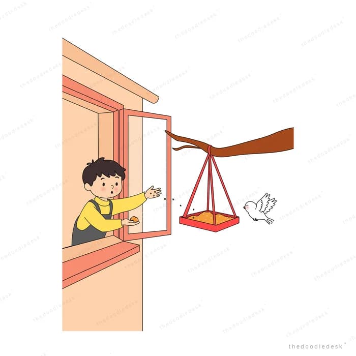 Girl at a window reaching for a red swing as small white birds fly past