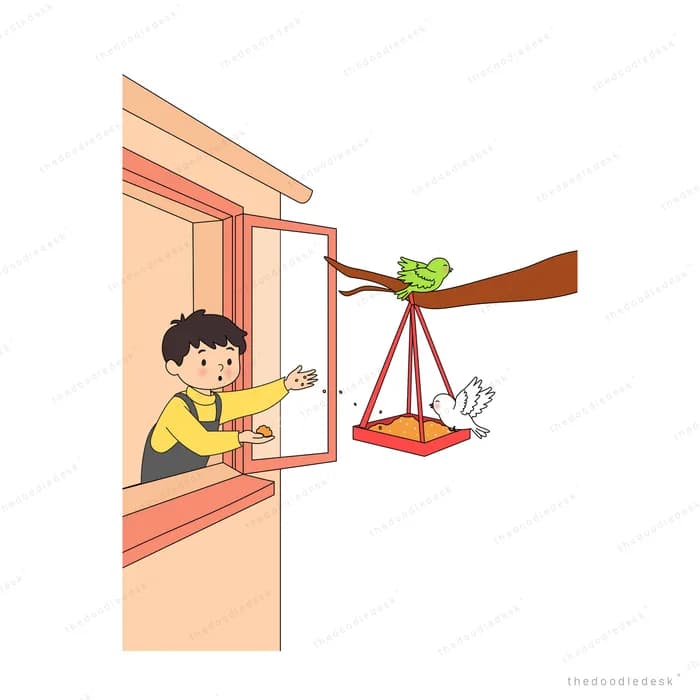 Girl at a window watching birds settle on a leafy branch above the red swing