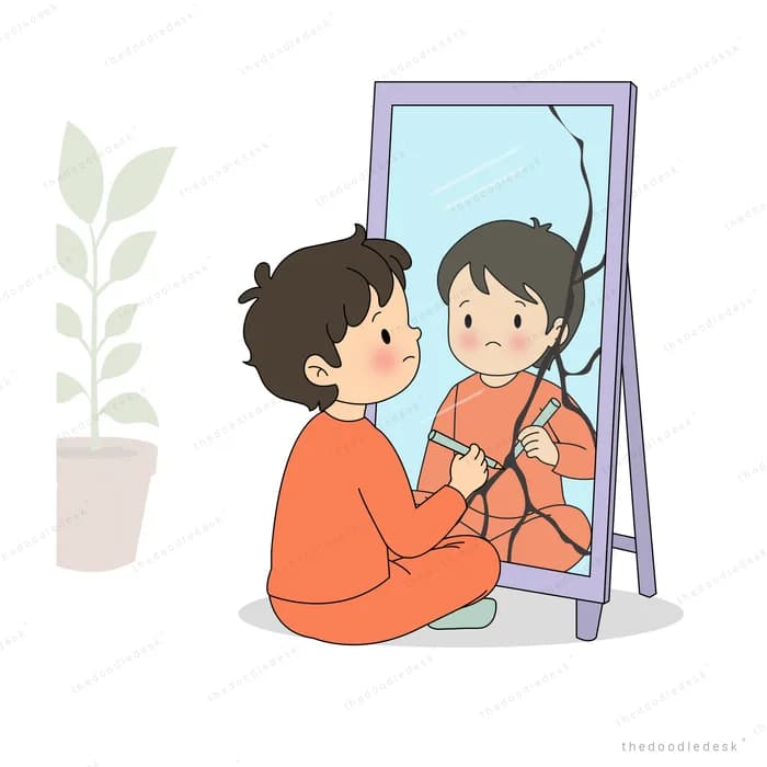 Girl in orange sitting before a standing mirror with a black bird on her head
