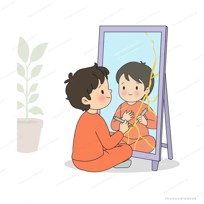 Girl before a mirror with a black bird on her head as a golden light fills the corner