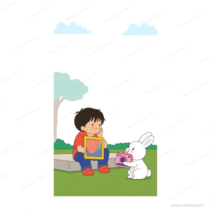 White rabbit approaching a boy who sits holding a picture frame on a stone