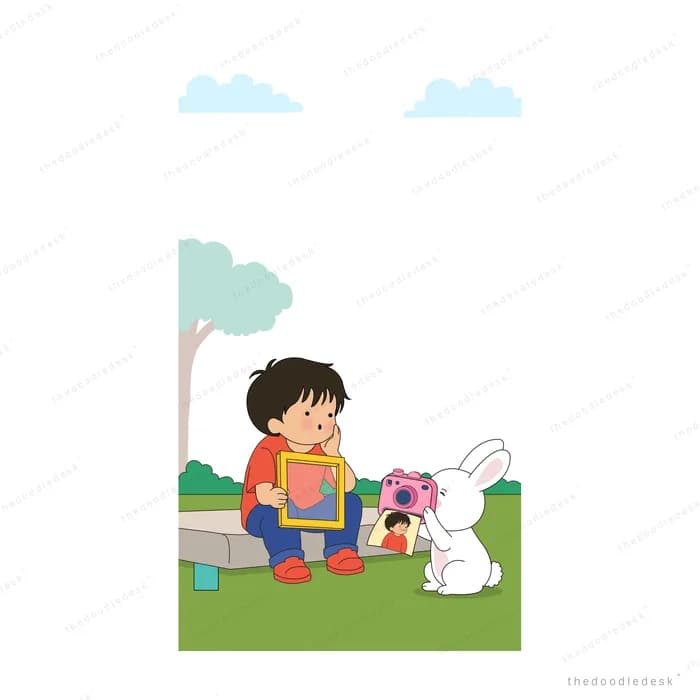 Boy with a picture frame beside a rabbit holding pink flowers on the grass