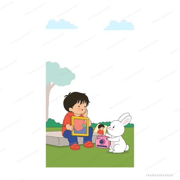 Boy showing his picture frame to a white rabbit sitting on the grass