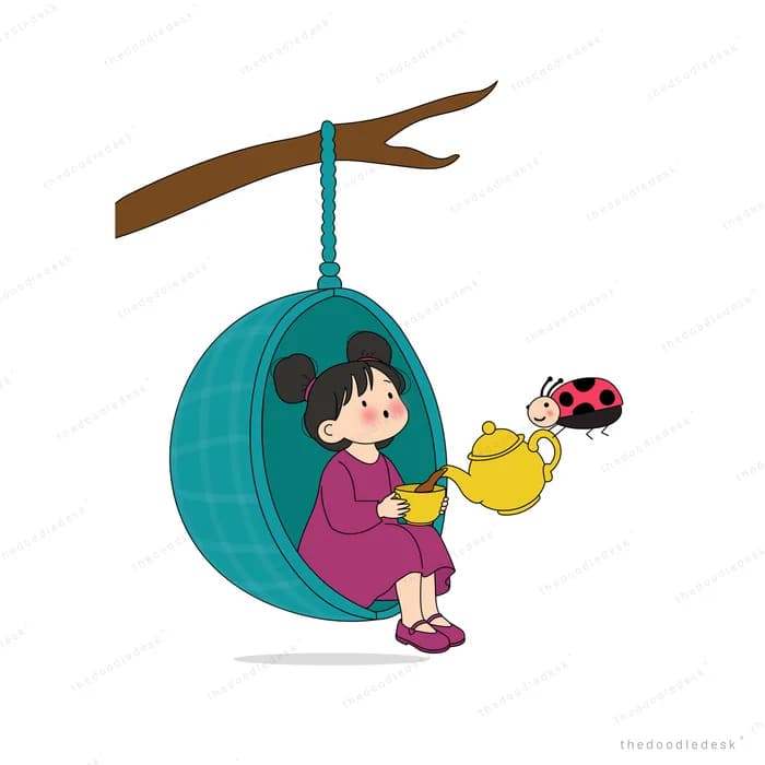 Girl in a hanging egg chair holding out a golden bird toward a large ladybug