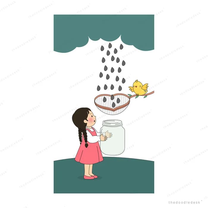 Girl in pink sheltering a nest with a chick as rain pours from a dark ceiling