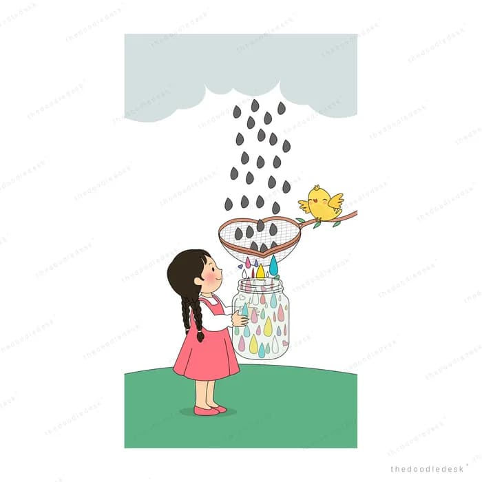 Girl on grass holding up a nest with a chick under falling rain