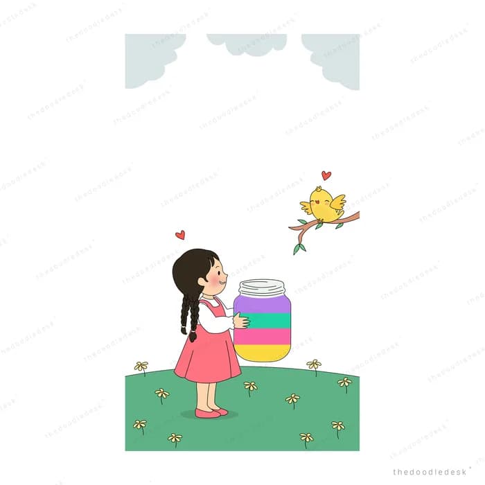Girl on grass holding a striped jar as a yellow chick flies off with a heart