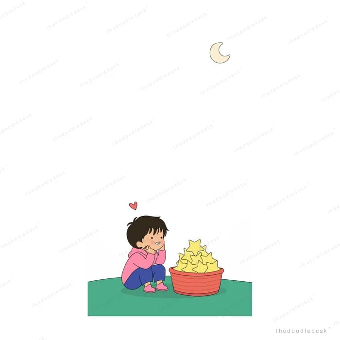 Girl kneeling beside a red basin brimming with yellow chicks under the moon