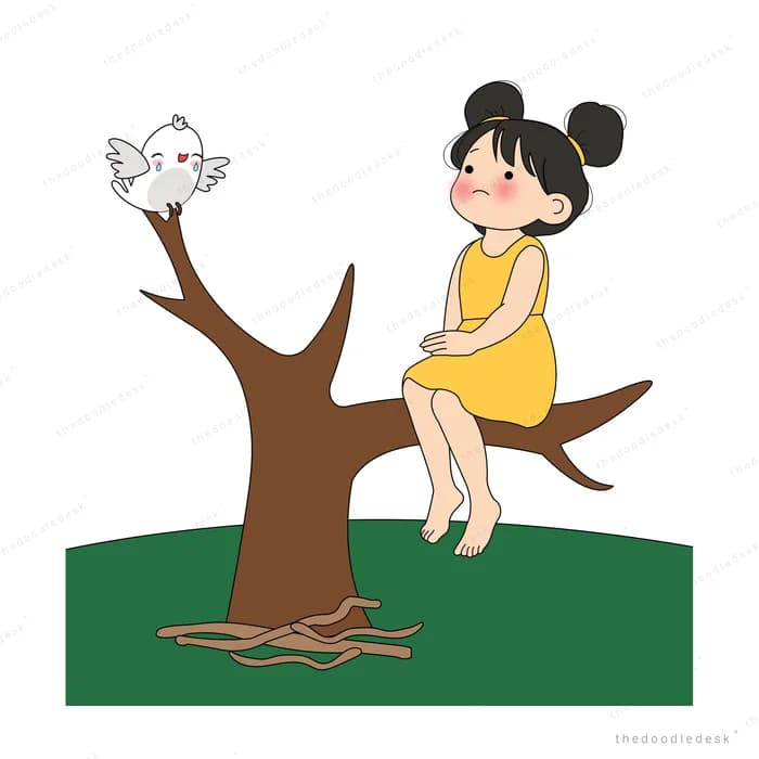 Girl in yellow sitting on a bare tree branch beside a small white bird