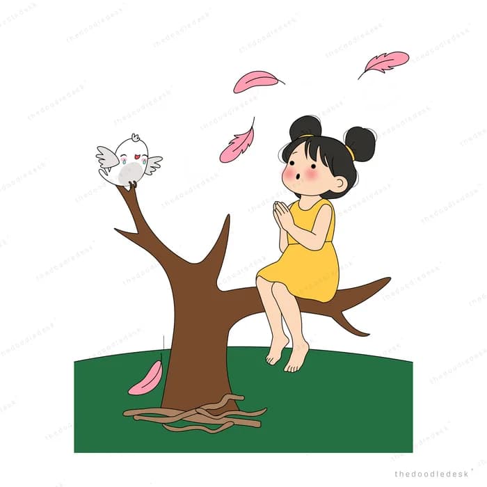 Girl on a tree branch with a white bird as pink petals drift past