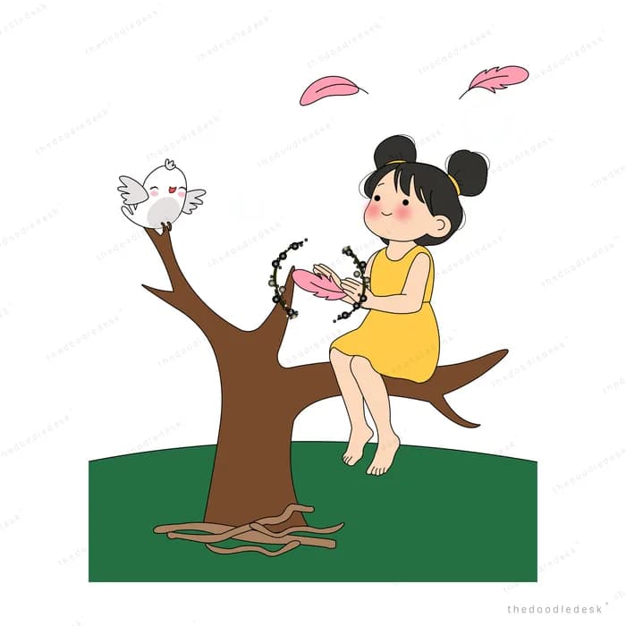 Girl on a branch holding a beaded string with two white birds and falling petals