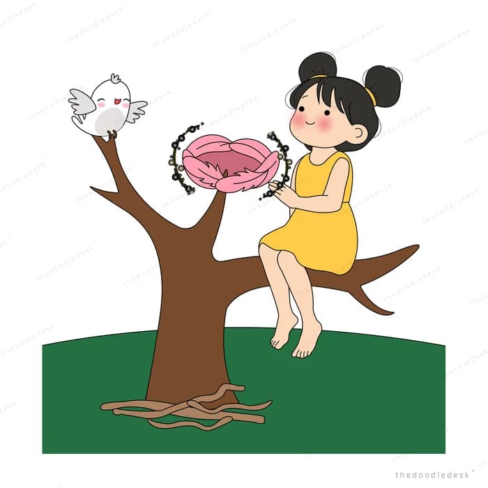 Girl on a branch offering a beaded string to a pink bird beside a white bird