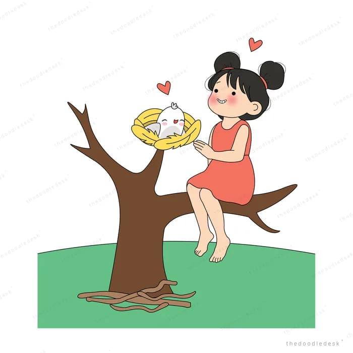 Girl on a branch cradling a yellow nest with a white bird as a heart rises