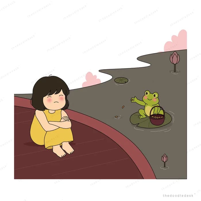 Girl on the bank noticing a green frog on a lily pad in the grey pond