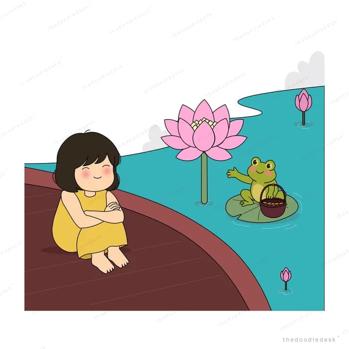 Girl seated by a teal pond with a large pink lotus and a frog on a lily pad