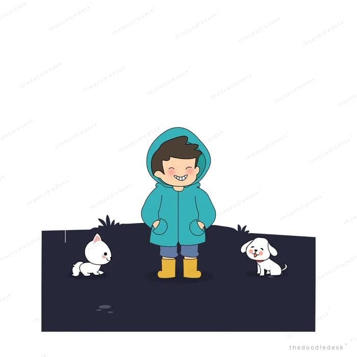 Boy in a raincoat watching two white puppies run through the rain