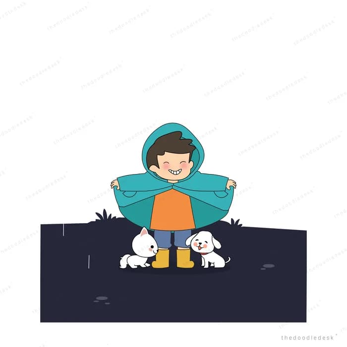 Boy opening his raincoat to shelter two white puppies from the rain