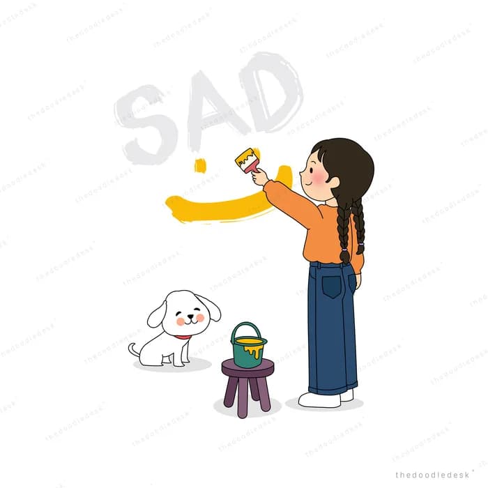 Girl sweeping a broad yellow stroke across the wall as the grey blot disappears