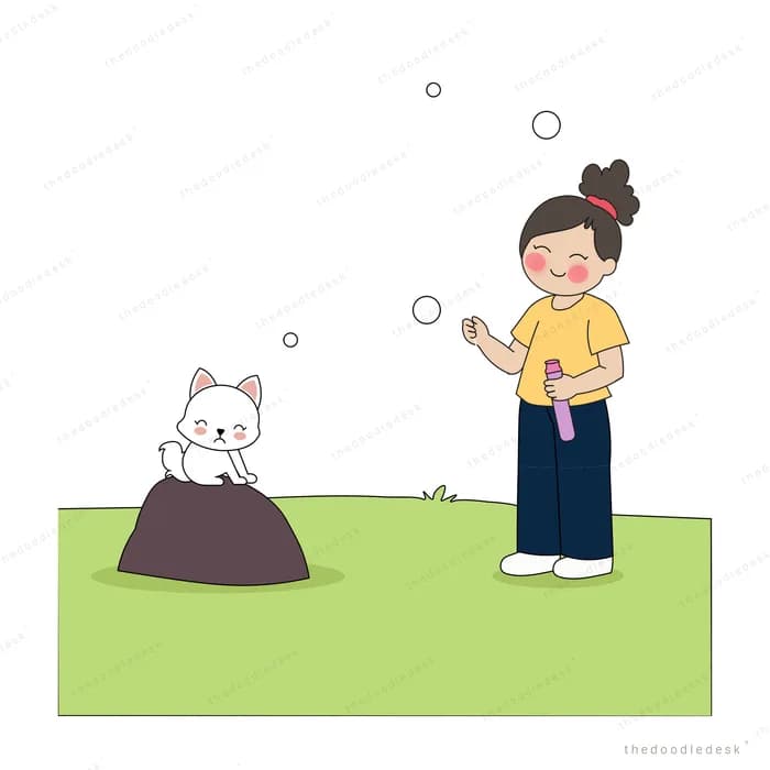 Boy in yellow blowing bubbles toward a white kitten on a green mound