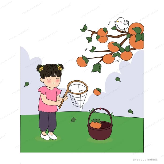 Girl with her net beside a basket of persimmons as a white bird lands on the branch