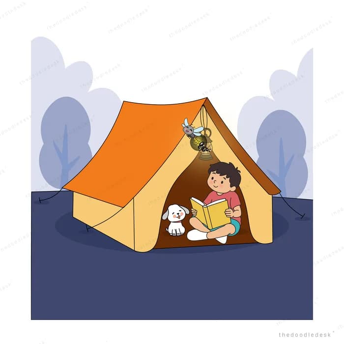Girl reading by lantern light inside an orange tent with her white dog