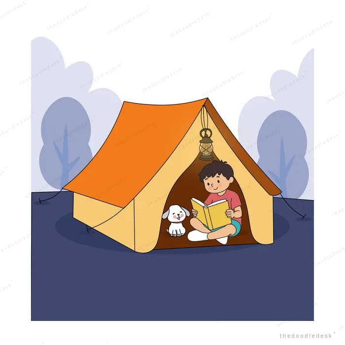 Girl reading a book in a lit orange tent with a white dog at the entrance