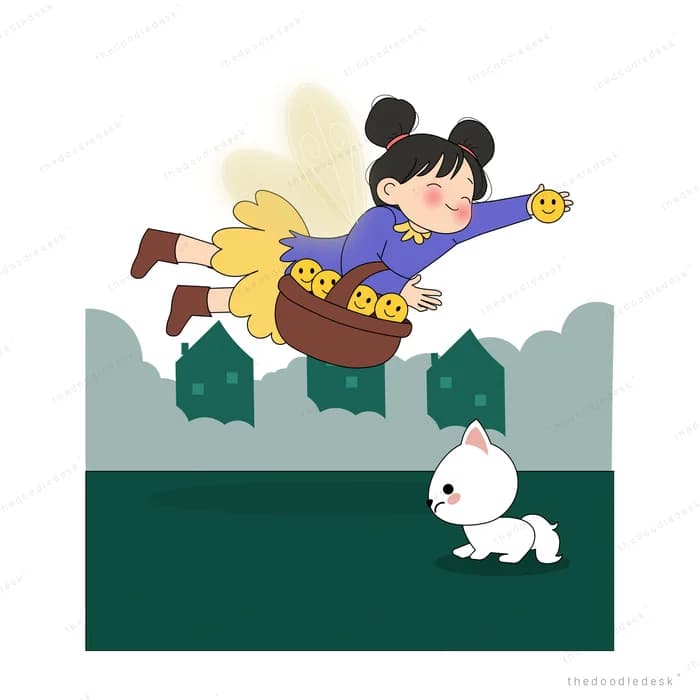 Girl in purple flying over the field with a basket of smiley fruit above a white kitten