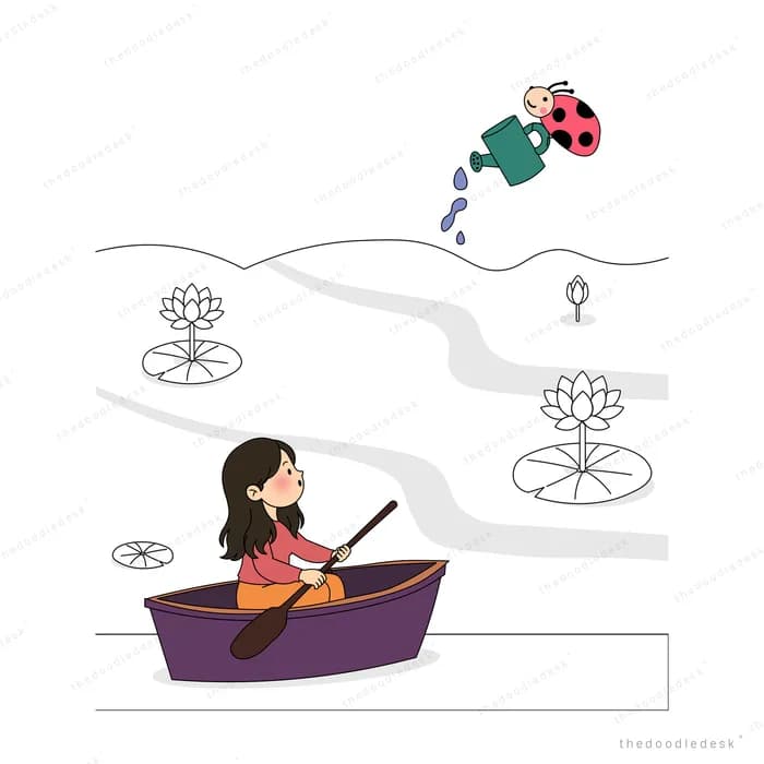 Girl in a purple boat looks up at a ladybug tipping a watering can over an outline pond