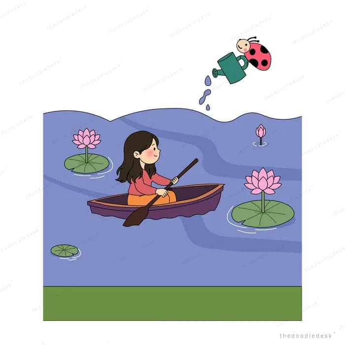 Girl rowing a purple boat on a blue pond while a ladybug pours a watering can from above