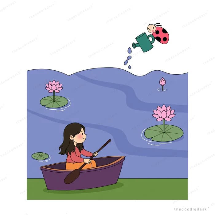 Girl in a purple boat among lotus blooms as a ladybug waters her from a can above
