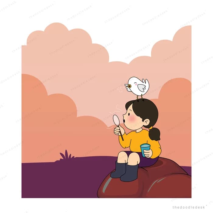 Girl seated on a rock blowing bubbles while a small white bird perches above her
