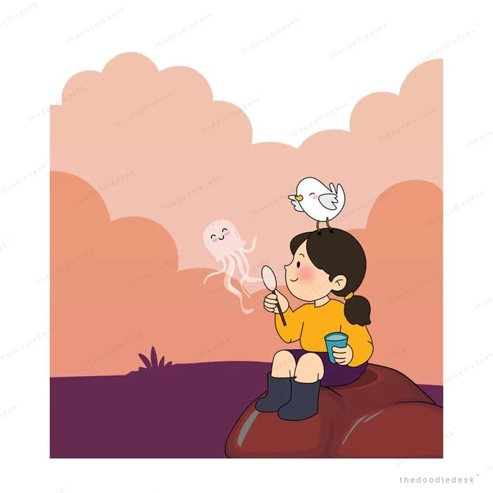 Girl blowing pale jellyfish-shaped bubbles into the sky with a bird above her