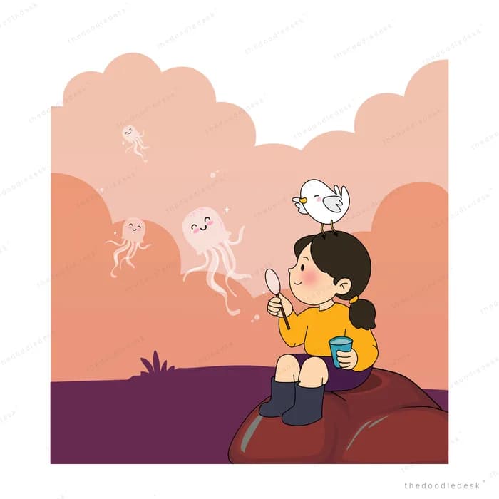 Girl on a rock blowing bubbles that drift up as ghostly jellyfish under a whale