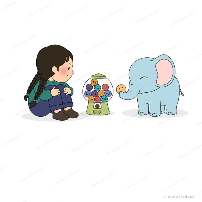 Girl crouching by a gumball machine while a blue elephant takes a gumball with its trunk