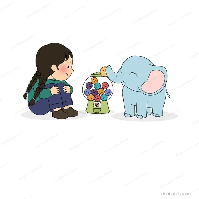 Girl kneeling beside a gumball machine facing a large blue elephant holding a gumball
