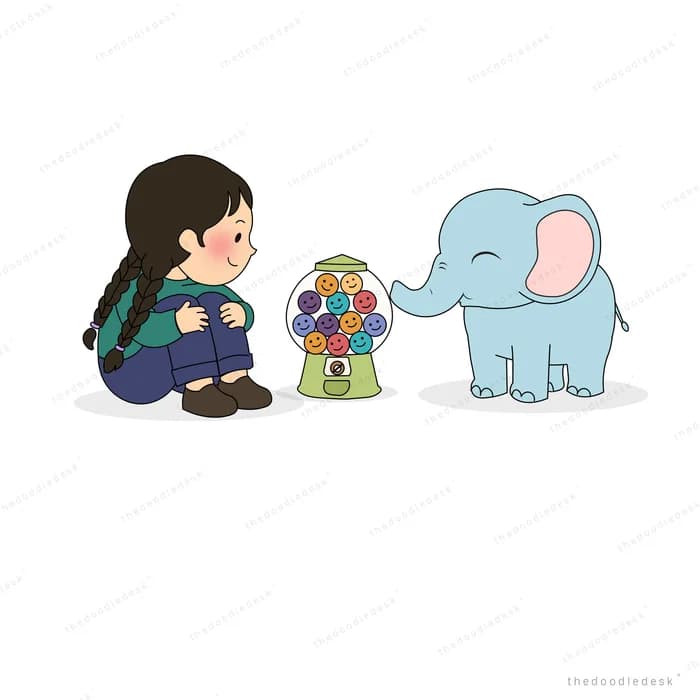 Girl crouching by a gumball machine facing a small blue elephant