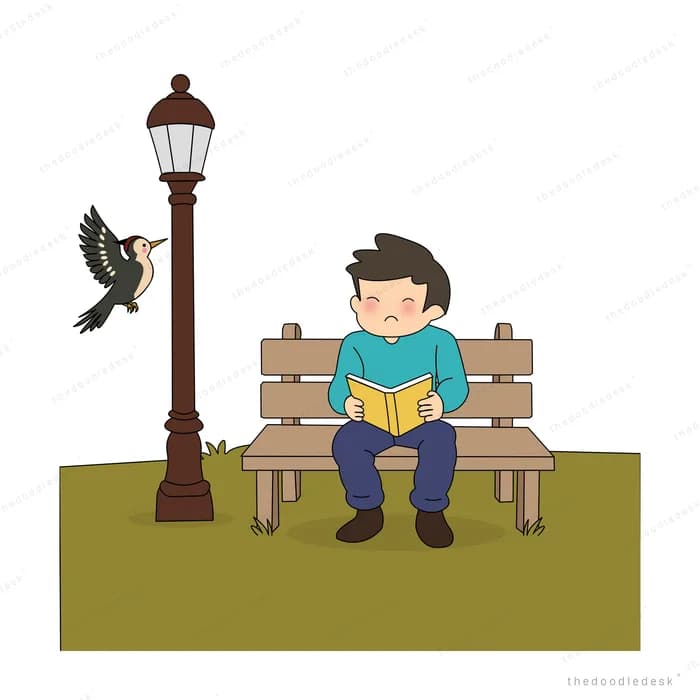 Boy on a park bench under a street lamp as a bird flies past