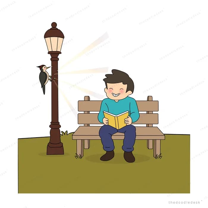 Boy sitting on a bench under a lit street lamp with a bird perched on it
