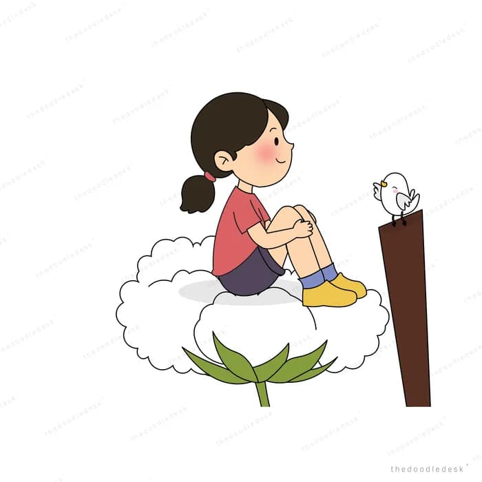 Girl sitting hugging her knees on a fluffy cotton cloud with a bird on a wooden post