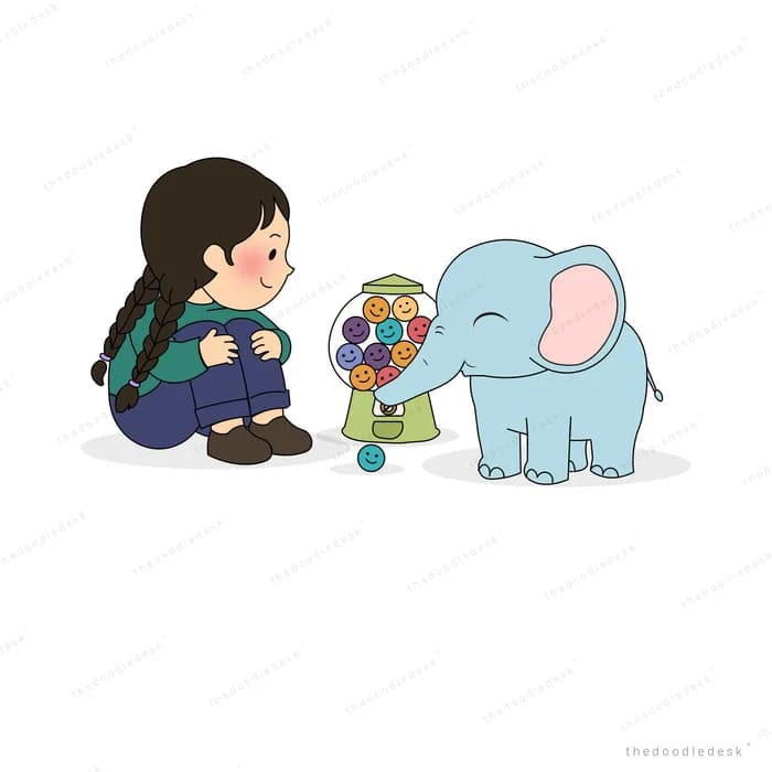 Girl crouching at a gumball machine with a blue elephant taking a gumball