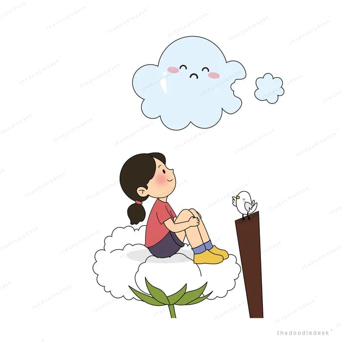 Girl on a cotton cloud looking up at a smiling cloud with a bird on a post nearby