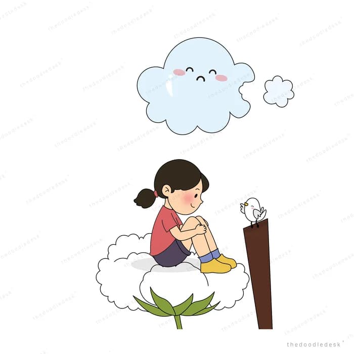 Girl seated on a cloud gazing at a happy face cloud floating above her