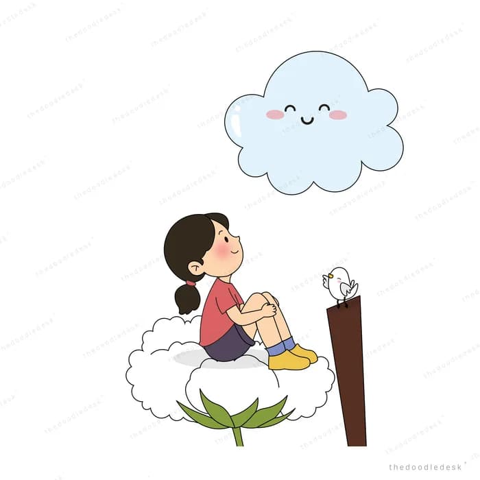 Girl sitting on a cotton cloud beneath a large smiling cloud