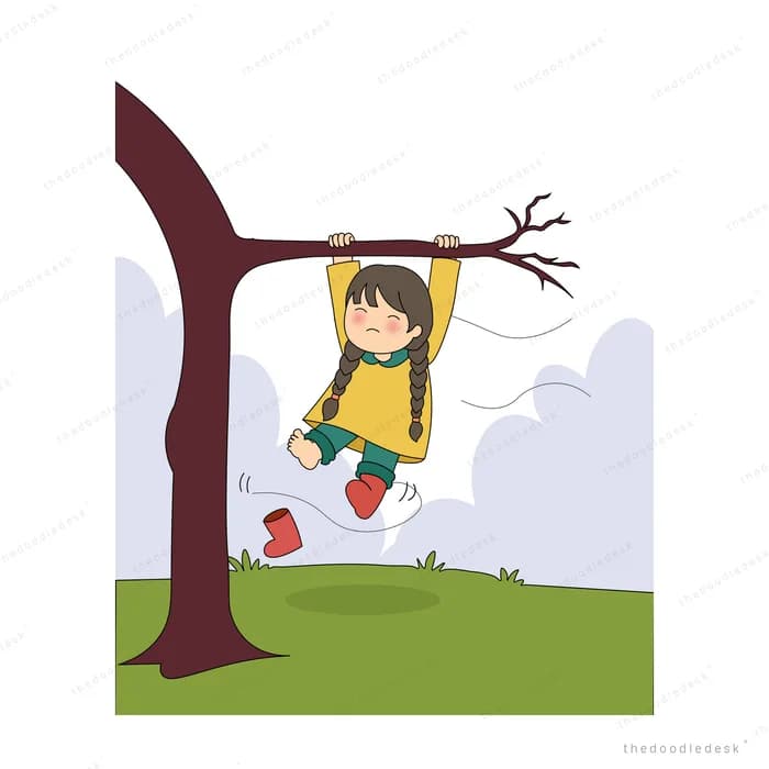 Girl swinging from a dark red tree on a green hill with a bird on a branch