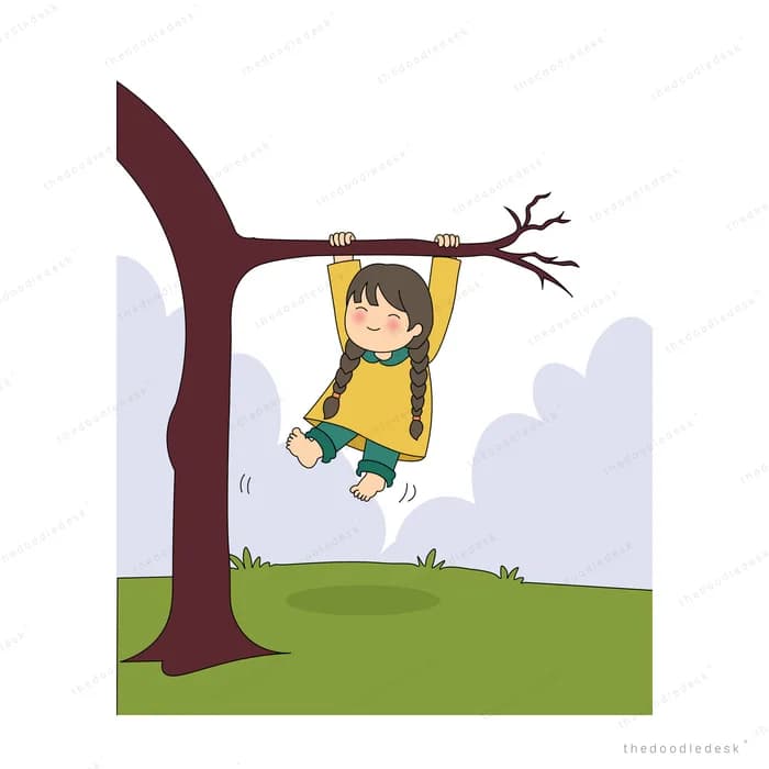 Girl swinging beneath a maroon tree on a green lawn with clouds behind
