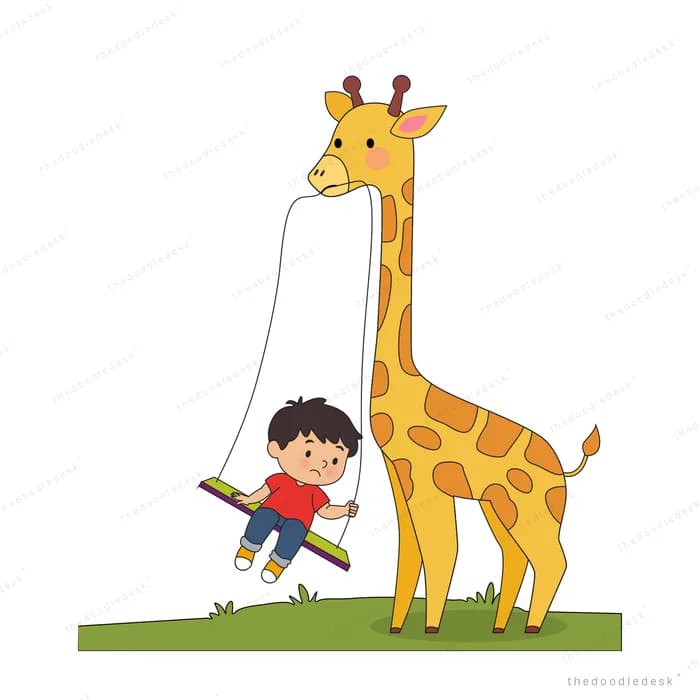 Boy riding a swing hung from a tall giraffe's neck