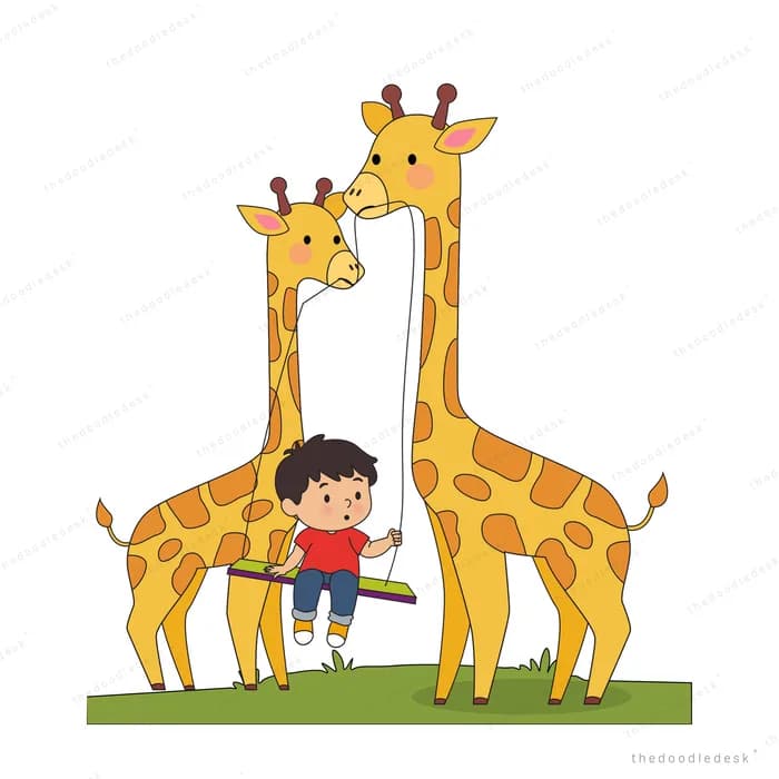 Boy swinging on a plank strung between two giraffes
