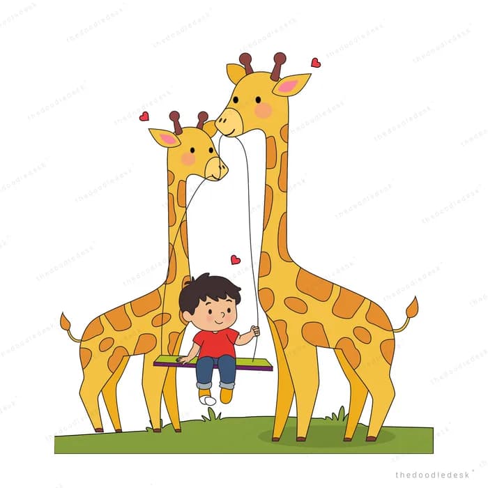 Boy on a swing between two giraffes nuzzling with hearts above them
