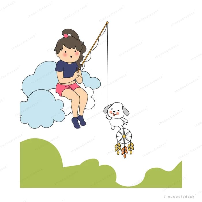 Girl fishing from a cloud and reeling up a white dog on her line