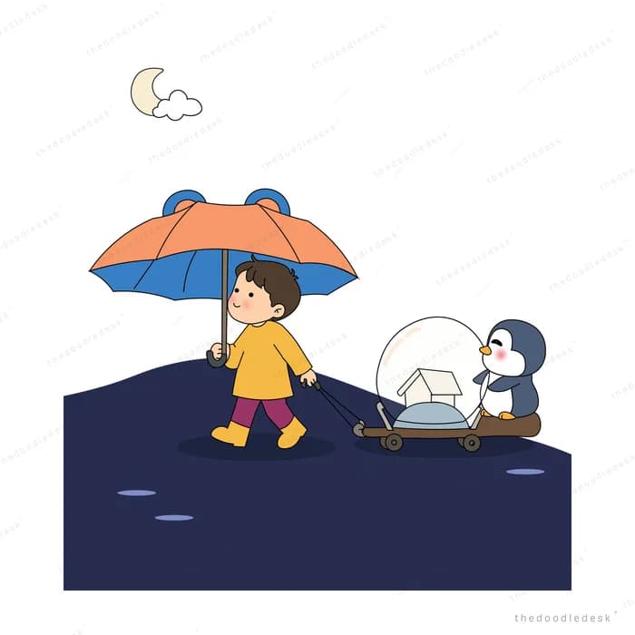 Boy in a yellow raincoat holding an umbrella beside a penguin pushing a glass pram